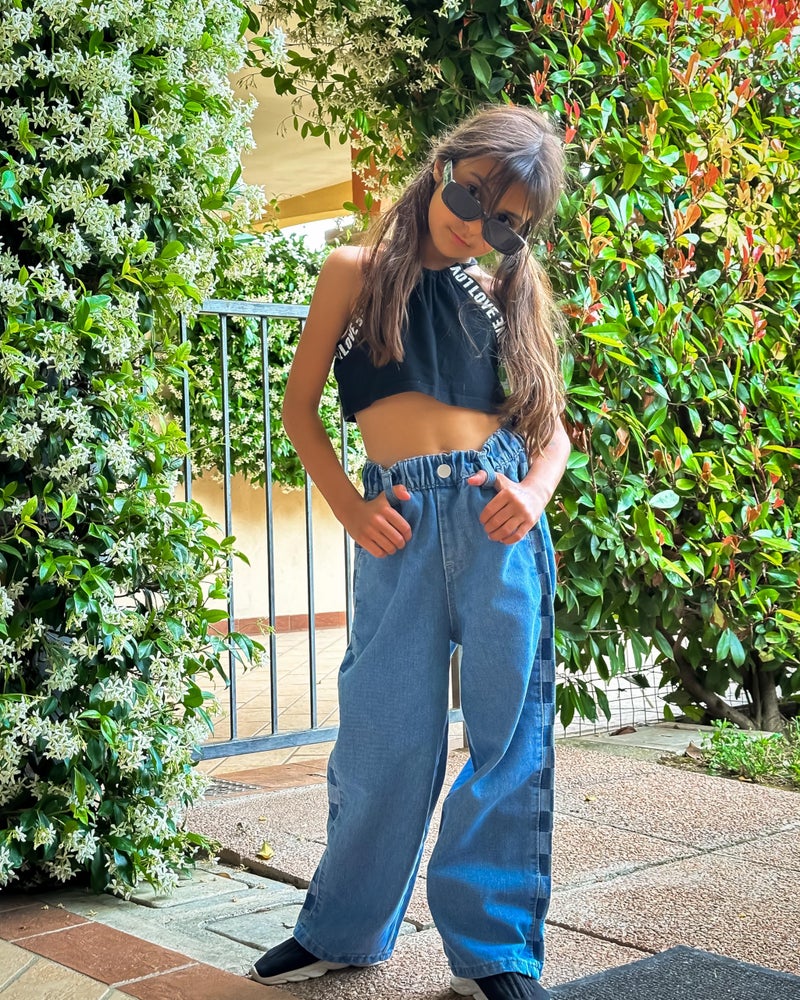 Rolanko Girls Baggy Jeans Elastic Wide Leg Denim Pants Plaid Patch Loose Trousers Kids Clothes (Checkerboard, 12-14) - Image 2