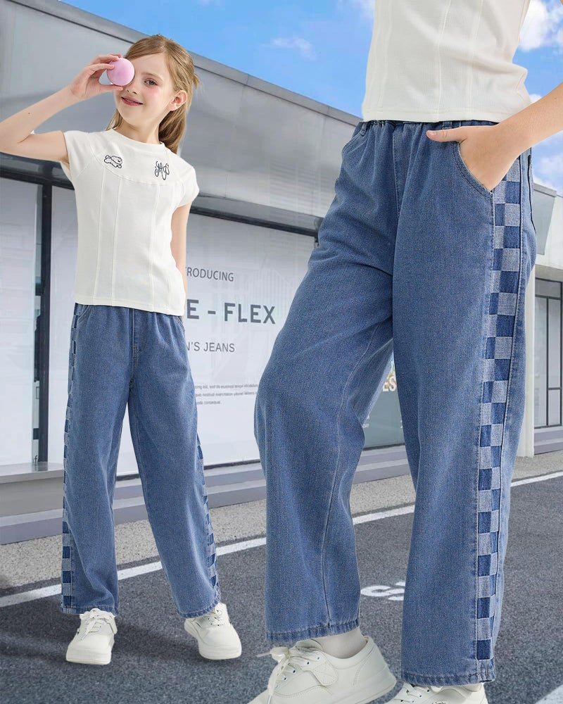 Rolanko Girls Baggy Jeans Elastic Wide Leg Denim Pants Plaid Patch Loose Trousers Kids Clothes (Checkerboard, 12-14) - Image 3