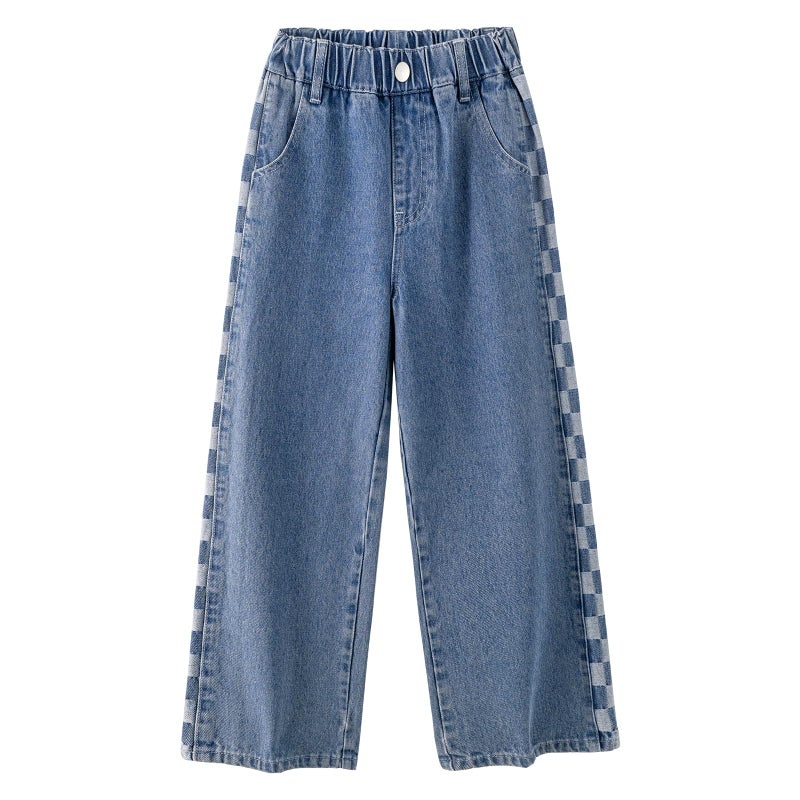Rolanko Girls Baggy Jeans Elastic Wide Leg Denim Pants Plaid Patch Loose Trousers Kids Clothes (Checkerboard, 12-14) - Image 5