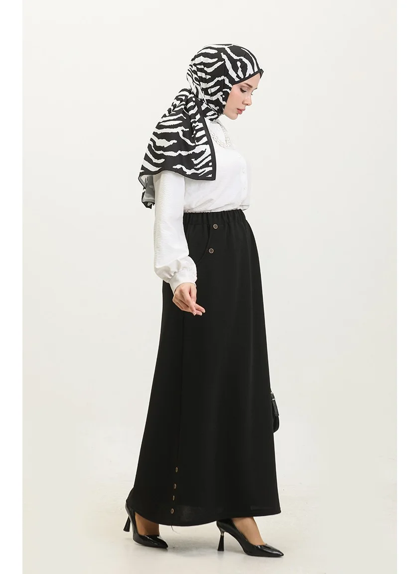 Sefa Merve Plus Size Button Detail Skirt 4208-01 Black