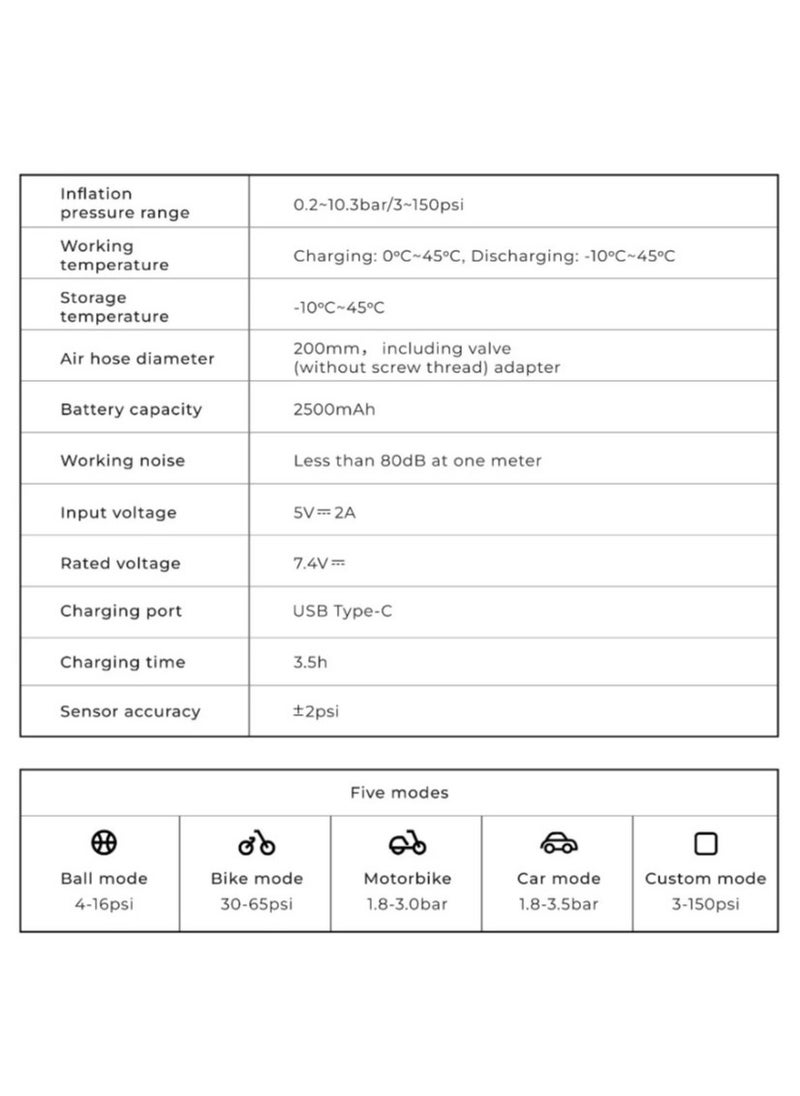 HOTO - HOTO Portable Electric Air Compressor | Digital Air Compressor With 2500mAh High Capacity Battery 5 Preset Modes 150-psi Automatic Air Pump Integrated LED Light Auto Stop Function USB-C Charging - Black - Image 1