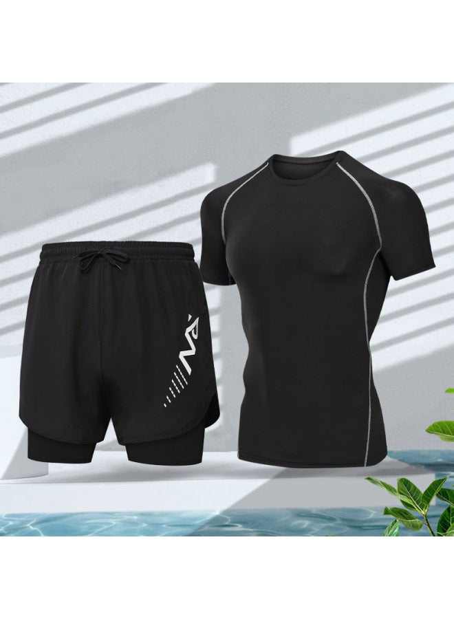Loquat Swimming Trunks Men's Anti-embarrassment Double-layer Quick-drying Swimsuit Set Hot Springs Professional Swimming Lined Loose Swimsuit For Boys-Color:Beach Two-piece Beach Surfing Swimming】- - Image 1