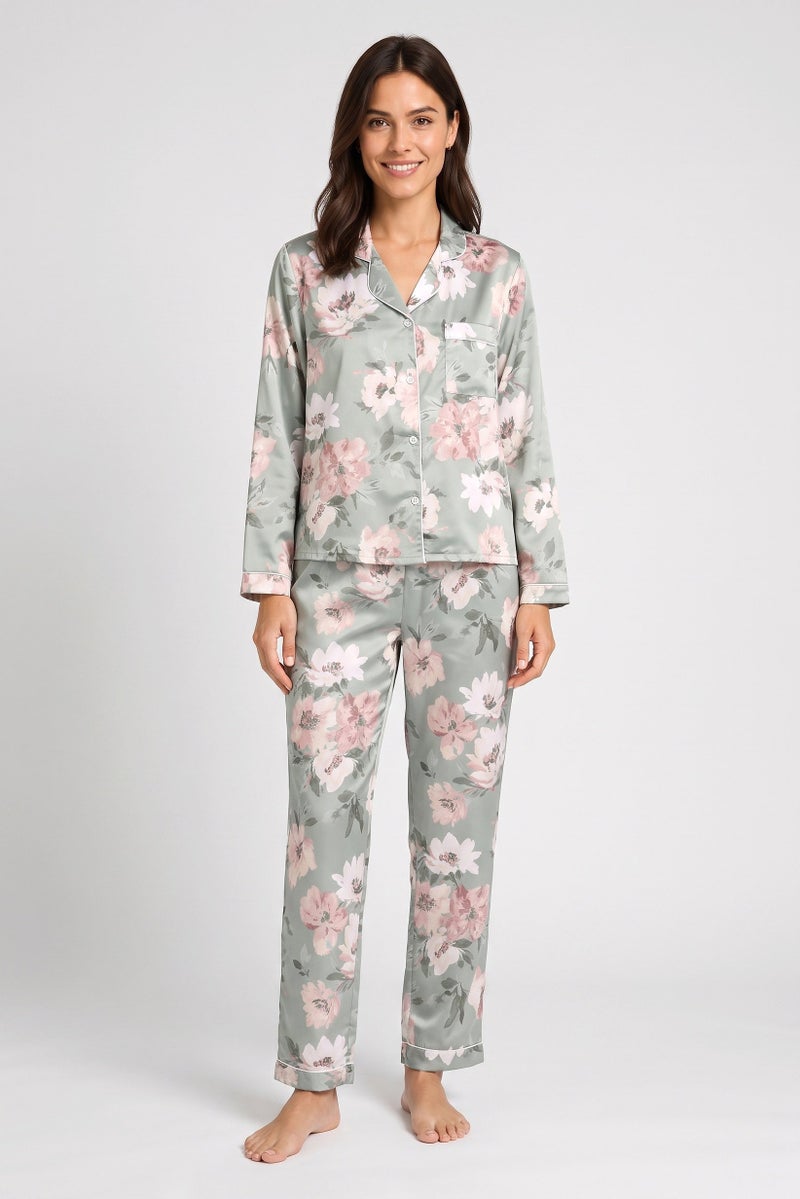 Marilyn Monroe Women 2 Pcs Floral Print Long Sleeve Pajama Top And Pants Set, Multicolor - Image 1
