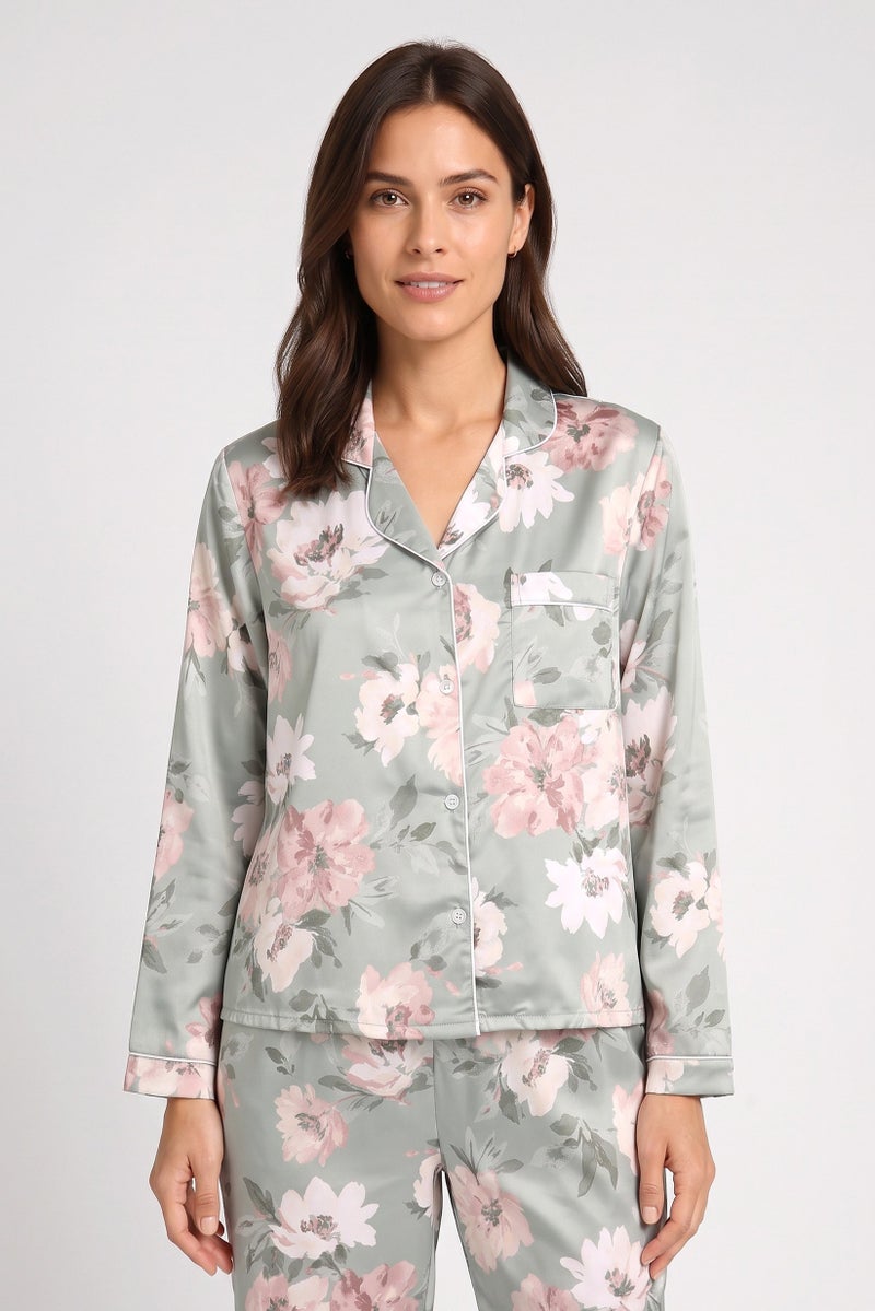 Marilyn Monroe Women 2 Pcs Floral Print Long Sleeve Pajama Top And Pants Set, Multicolor - Image 2