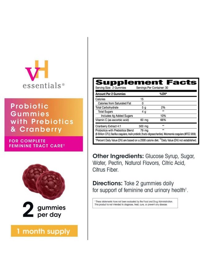 vH Essentials Probiotic Gummies with Prebiotics & Cranberry, Concentrated Extract for Urinary Tract Health, Supports Vaginal Microflora Balance for a Healthy Feminine Tract, 60 Count - Image 4