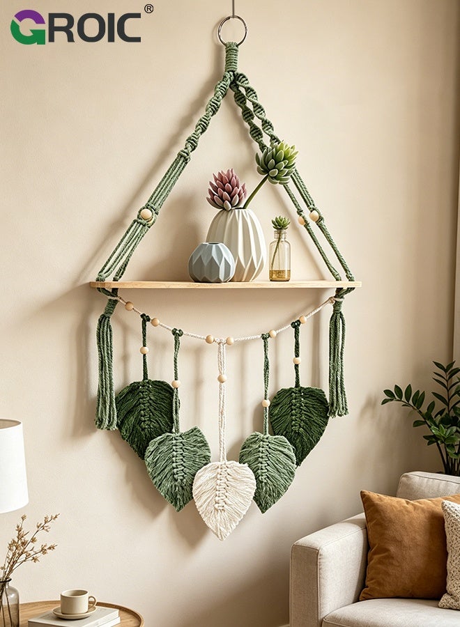 GROIC Boho Macrame Leaf Wall Hanging – Handmade Cotton Rope Garland with Wooden Beads & Pastel Leaves, Bohemian Home Decor for Nursery, Bedroom, Wedding & Party, Pink - Image 1