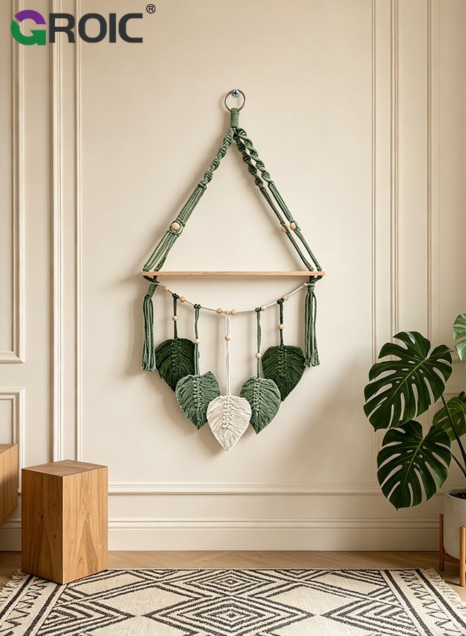 GROIC Boho Macrame Leaf Wall Hanging – Handmade Cotton Rope Garland with Wooden Beads & Pastel Leaves, Bohemian Home Decor for Nursery, Bedroom, Wedding & Party, Pink - Image 3