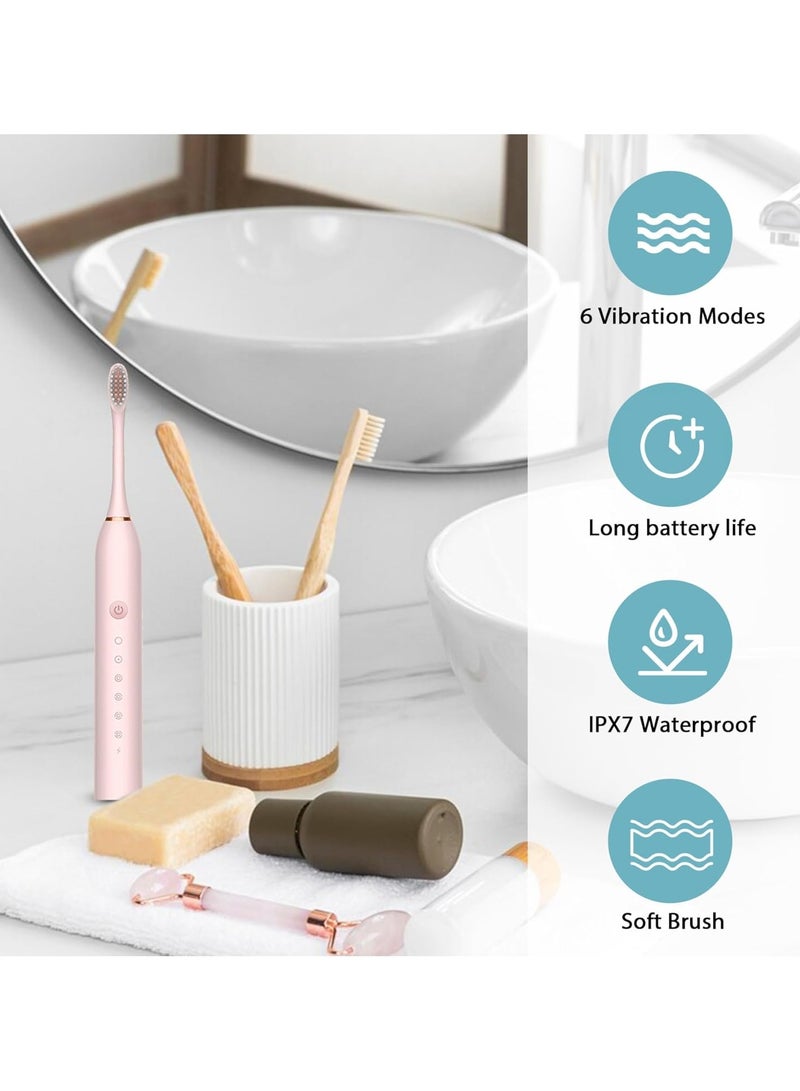 مجموعة فرشاة الأسنان الكهربائية سونيك فرشاة أسنان أوتوماتيكية قابلة لإعادة الشحن مع 4 رؤوس فرشاة وحقيبة تخزين وحامل 6 أوضاع تنظيف كهربائية لفرشاة الأسنان مناسبة للبالغين - Image 4