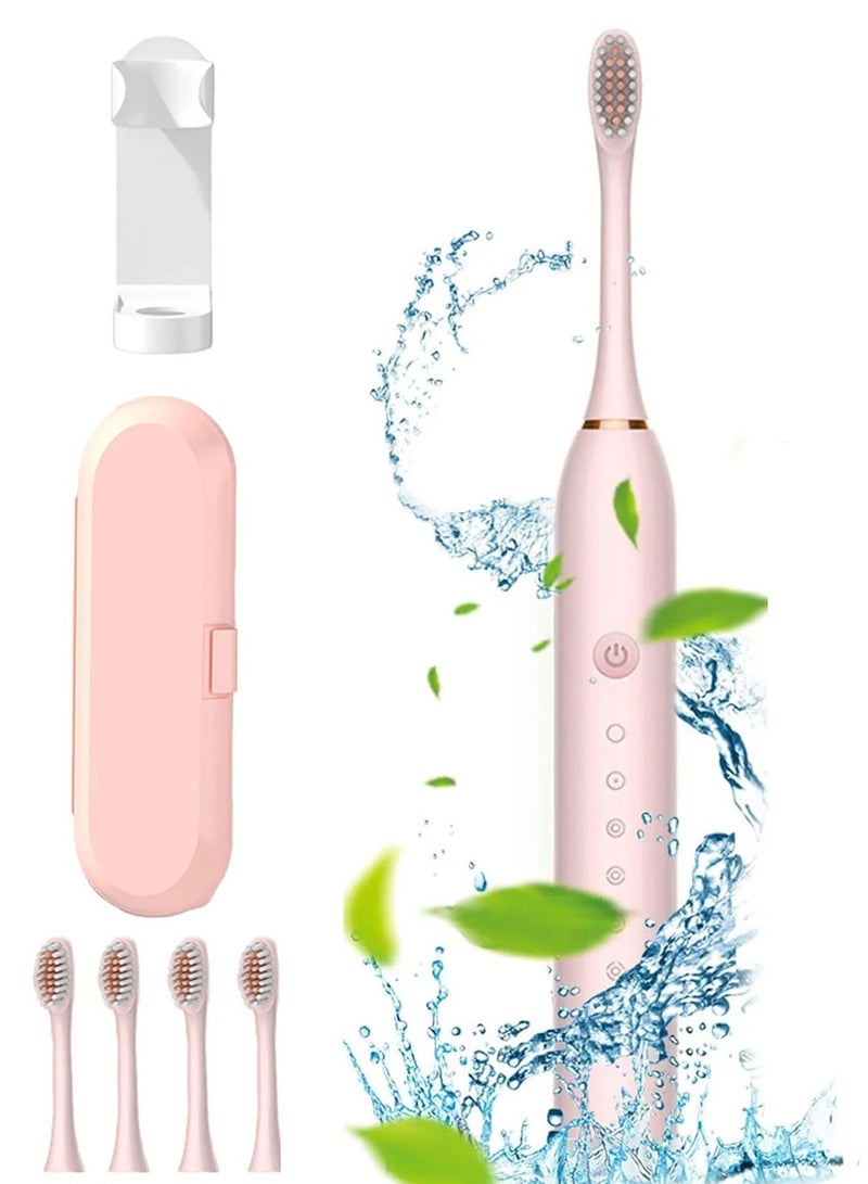 مجموعة فرشاة الأسنان الكهربائية سونيك فرشاة أسنان أوتوماتيكية قابلة لإعادة الشحن مع 4 رؤوس فرشاة وحقيبة تخزين وحامل 6 أوضاع تنظيف كهربائية لفرشاة الأسنان مناسبة للبالغين - Image 1