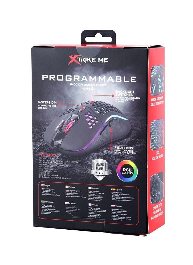 GM512 RGB Gaming Mouse - Optical Sensor 6,400 DPI - Only 86G - With Software (Black)