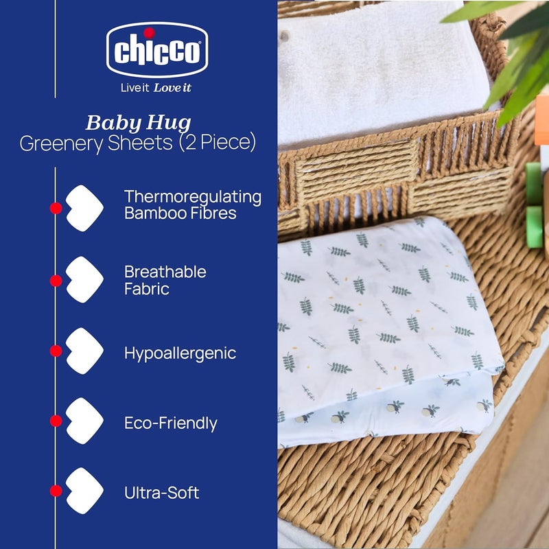 Chicco Baby Hug Crib Bamboo Sheets (2 Pack), Soft and Hypoallergenic, Thermoregulating, Eco-Friendly, Suitable for Sensitive Skin, Greenery - Image 2