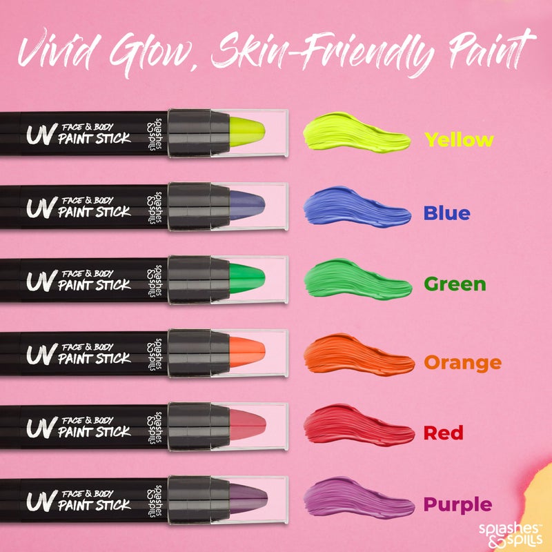 Splashes & Spills UV Face and Body Paint Sticks - UV Body Paint, UV Face Paint for Costume, Cosplay, Theater, Club - Glows Under UV Light - Black Light Paint For All Skin Types (6 Colors) - Image 3