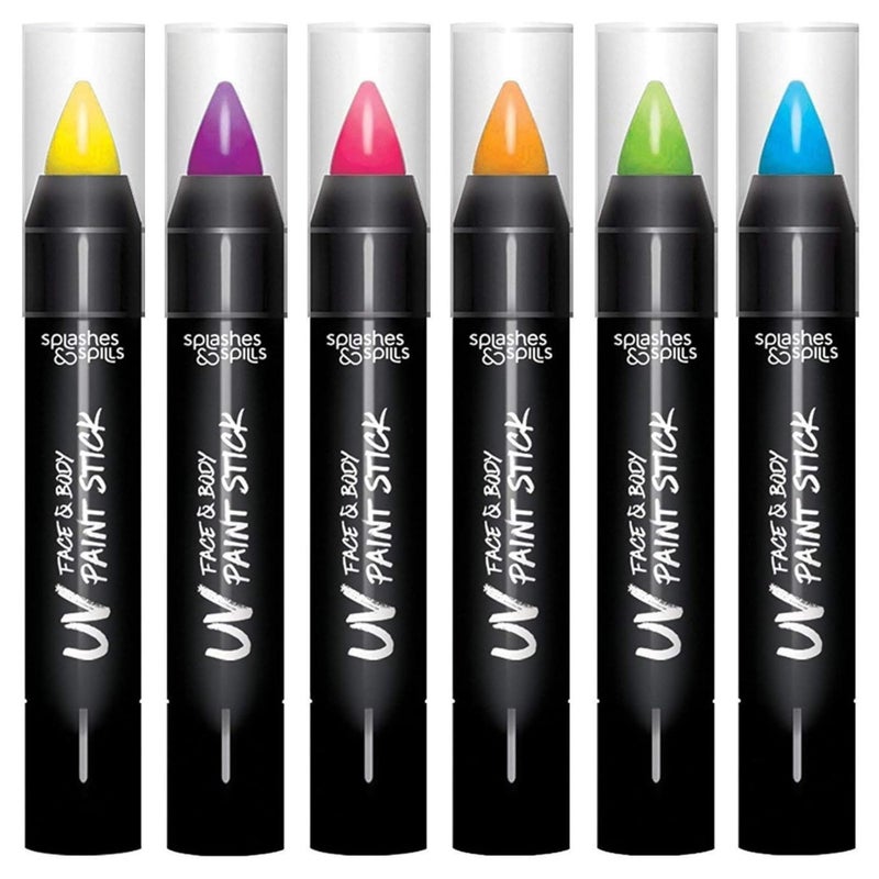 Splashes & Spills UV Face and Body Paint Sticks - UV Body Paint, UV Face Paint for Costume, Cosplay, Theater, Club - Glows Under UV Light - Black Light Paint For All Skin Types (6 Colors) - Image 1