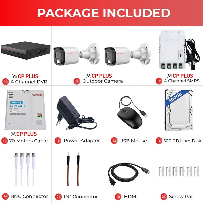 CP PLUS مسجل فيديو رقمي 4 قنوات مع كاميرات CCTV خارجية 2 ميجابكسل 2X، ميكروفون صوتي مدمج، رؤية ليلية ملونة مزدوجة، كشف الحركة، 4 قنوات SMPS، كابل بطول 70 متر، 500 جيجابايت HDD، مطلوب BNC/DC - Image 2