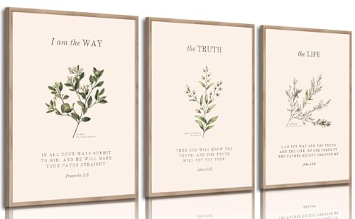 TUTENG Unframed 3Pcs Christian Bible Wall art Religious Verse Painting Picture Wall Decor Proverbs 3:6 John 14:6 Vintage Botanical Poster Print Artwork for Bedroom Living Room Study Home Decoration Neutral Beige Faith Gifts - Image 1