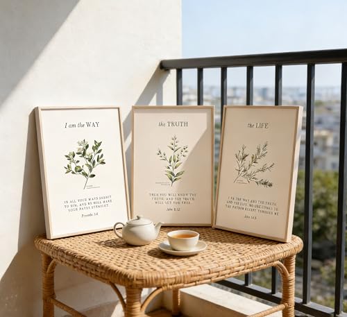 TUTENG Unframed 3Pcs Christian Bible Wall art Religious Verse Painting Picture Wall Decor Proverbs 3:6 John 14:6 Vintage Botanical Poster Print Artwork for Bedroom Living Room Study Home Decoration Neutral Beige Faith Gifts - Image 2