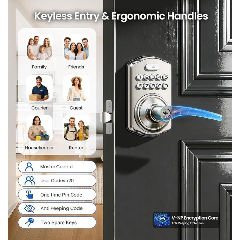 Veise Keypad Door Lock with Handle, Keyless Entry for Front Door & Bedroom, Electronic Lock with Code, Auto-Locking, Easy Installation, Passage Mode, Satin Nickel - Image 2