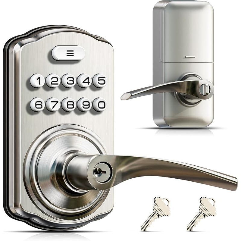 Veise Keypad Door Lock with Handle, Keyless Entry for Front Door & Bedroom, Electronic Lock with Code, Auto-Locking, Easy Installation, Passage Mode, Satin Nickel - Image 1