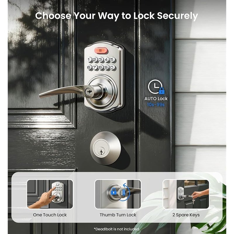 Veise Keypad Door Lock with Handle, Keyless Entry for Front Door & Bedroom, Electronic Lock with Code, Auto-Locking, Easy Installation, Passage Mode, Satin Nickel - Image 3