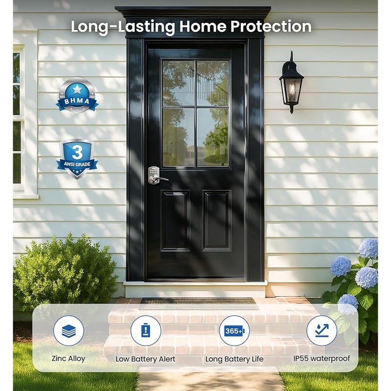 Veise Keypad Door Lock with Handle, Keyless Entry for Front Door & Bedroom, Electronic Lock with Code, Auto-Locking, Easy Installation, Passage Mode, Satin Nickel - Image 5