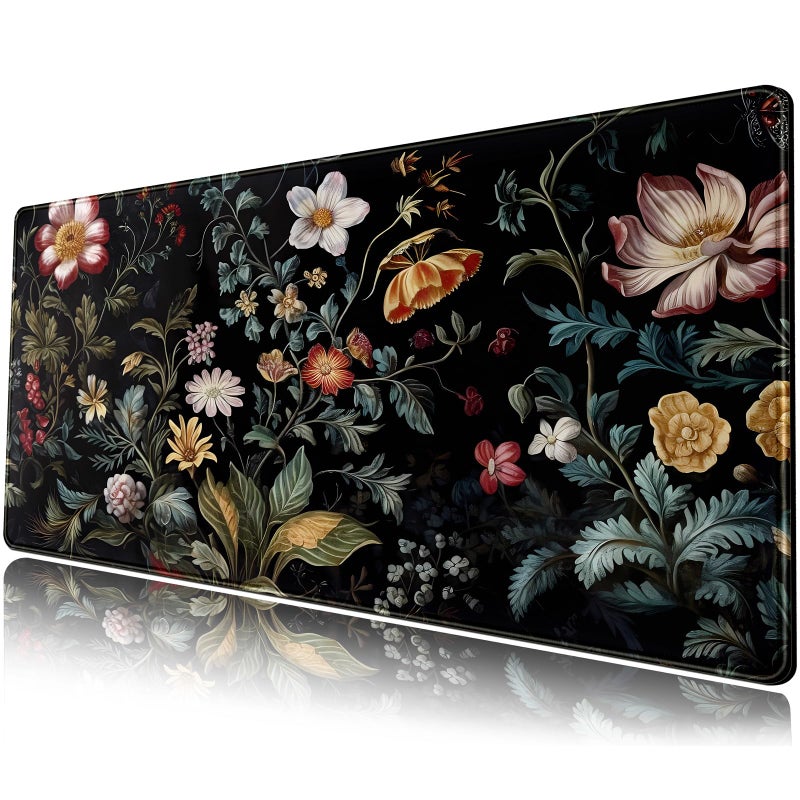 Mechanical Cattle Dark Floral Desk Mat Vintage Aesthetic Desk Pad Flower Plant Black Extended Mouse Pad Large Gaming Mousepad XL Laptop Computer Mouse Keyboard Mat 31.5 x 11.8 in for Office Decor - Image 1