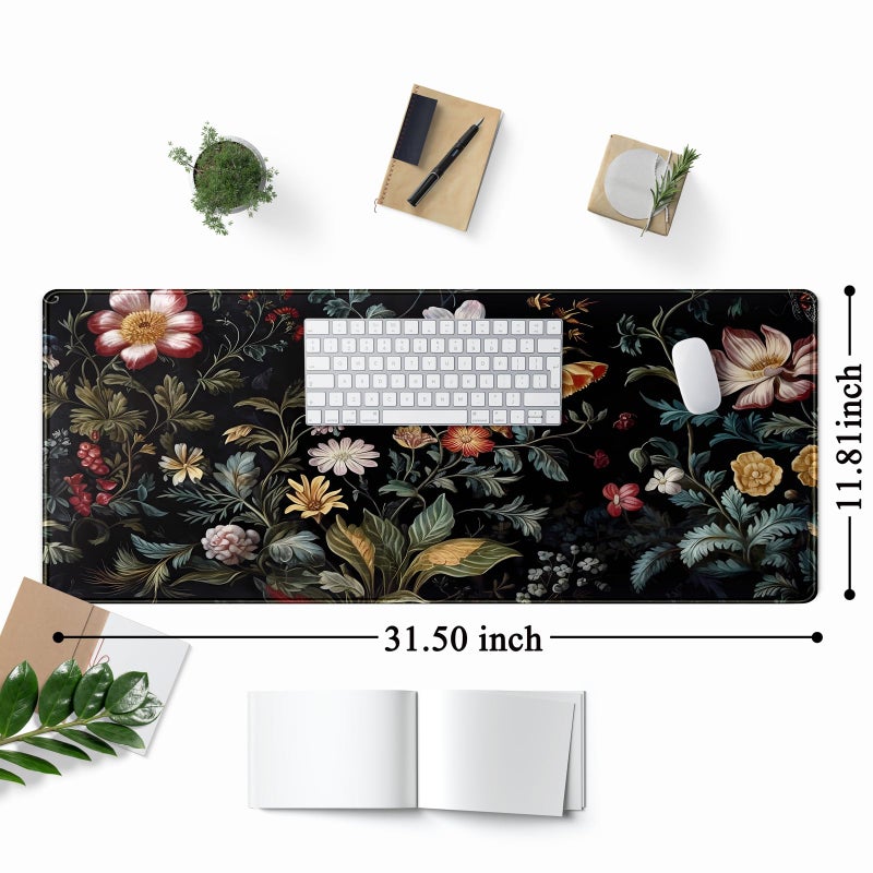 Mechanical Cattle Dark Floral Desk Mat Vintage Aesthetic Desk Pad Flower Plant Black Extended Mouse Pad Large Gaming Mousepad XL Laptop Computer Mouse Keyboard Mat 31.5 x 11.8 in for Office Decor - Image 2