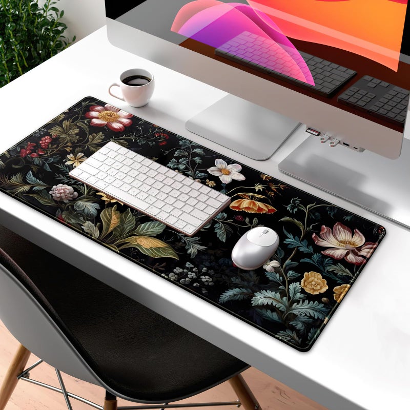 Mechanical Cattle Dark Floral Desk Mat Vintage Aesthetic Desk Pad Flower Plant Black Extended Mouse Pad Large Gaming Mousepad XL Laptop Computer Mouse Keyboard Mat 31.5 x 11.8 in for Office Decor - Image 3