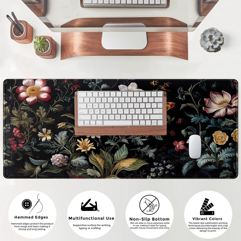 Mechanical Cattle Dark Floral Desk Mat Vintage Aesthetic Desk Pad Flower Plant Black Extended Mouse Pad Large Gaming Mousepad XL Laptop Computer Mouse Keyboard Mat 31.5 x 11.8 in for Office Decor - Image 4