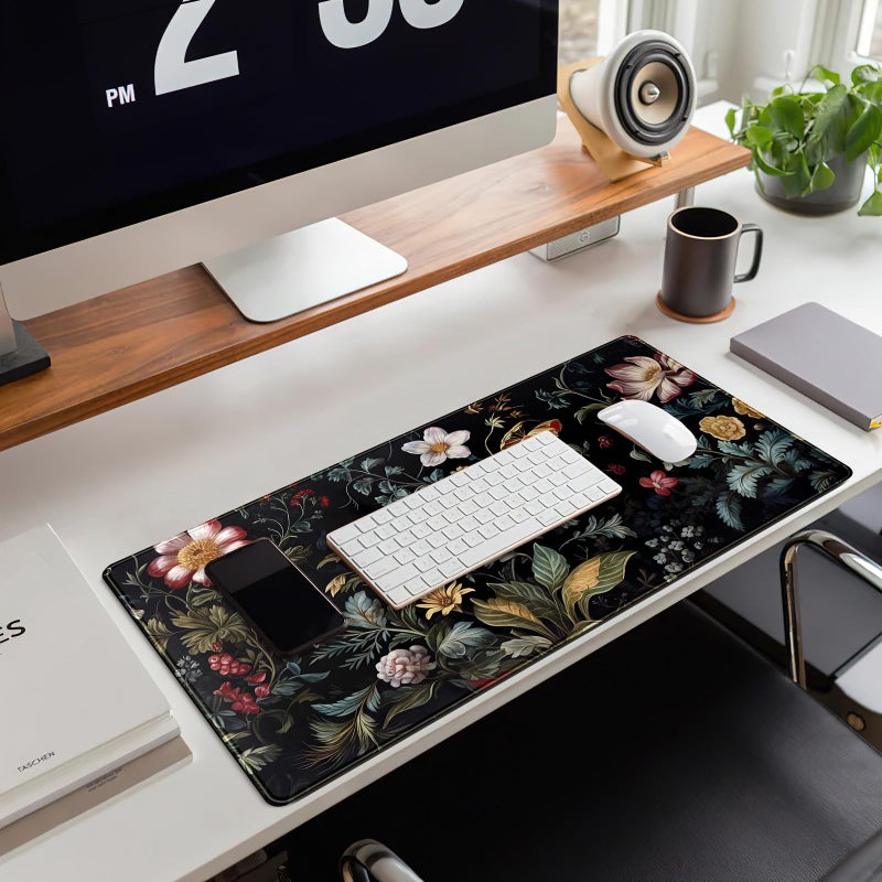 Mechanical Cattle Dark Floral Desk Mat Vintage Aesthetic Desk Pad Flower Plant Black Extended Mouse Pad Large Gaming Mousepad XL Laptop Computer Mouse Keyboard Mat 31.5 x 11.8 in for Office Decor - Image 5