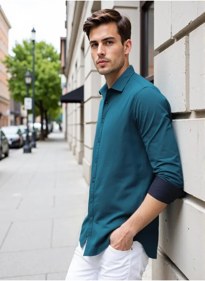 Dennis Lingo Men's Teal Cotton Blend Solid Button Down Regular Fit Shirt
