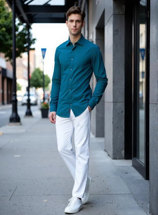 Dennis Lingo Men's Teal Cotton Blend Solid Button Down Regular Fit Shirt