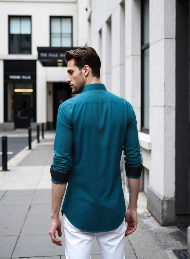 Dennis Lingo Men's Teal Cotton Blend Solid Button Down Regular Fit Shirt