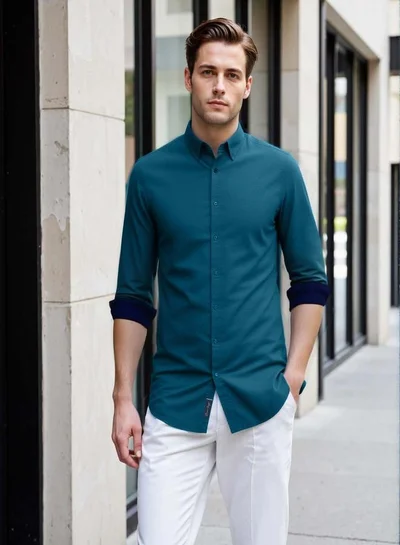 Dennis Lingo Men's Teal Cotton Blend Solid Button Down Regular Fit Shirt