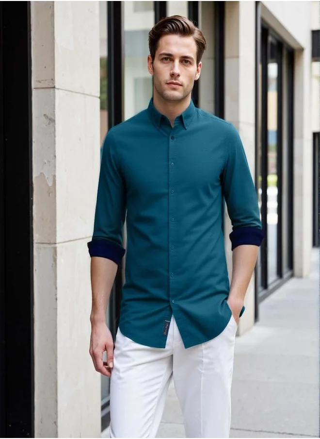 Dennis Lingo Men's Teal Cotton Blend Solid Button Down Regular Fit Shirt