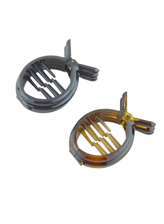 Parcelona French Round Inner Teeth Tortoise Shell And Black Cellulose Set Of 2 Hair Clips For Women 2 Inch - Image 1