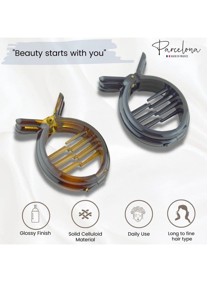Parcelona French Round Inner Teeth Tortoise Shell And Black Cellulose Set Of 2 Hair Clips For Women 2 Inch - Image 3