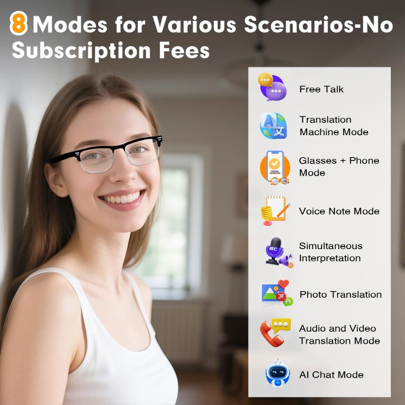 PADOM AI Translation Glasses, Real-Time Translator with 164 Languages Support, Smart Blue Light Blocking Glasses with Speakers, IPX5 Waterproof Bluetooth Eyeglasses for Travel, Business & Study (Silver) - Image 4