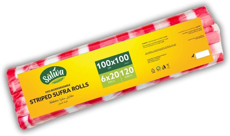Salwa Striped Sufra Disposable Table Sheet Roll - 6 Pieces, 100 cm x 100 cm, Durable & Water-Resistant