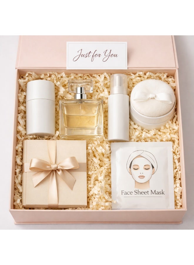 علبة لغز هدايا بريميوم للنساء (عطر + سبراي للجسم + مزيل عرق + ماسك للوجه + بودرة عطر للجسم + كتاب) - Image 1
