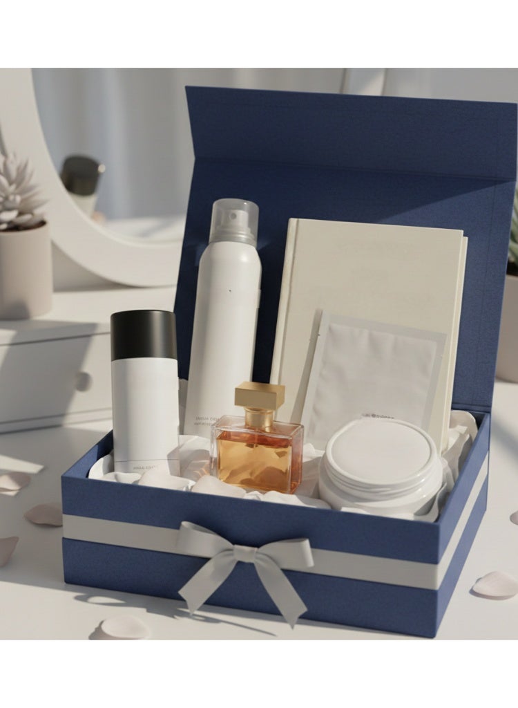 علبة لغز هدايا بريميوم للنساء (عطر + سبراي للجسم + مزيل عرق + ماسك للوجه + بودرة عطر للجسم + كتاب) - Image 2