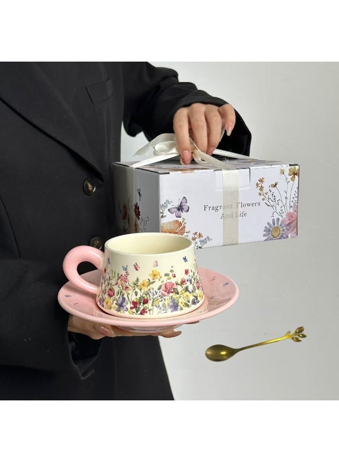 AceLuste Vintage Ceramic Coffee Cup and Saucer Gift Set, 300ml Large Capacity Coffee Cup Set with Gift Box, Saucer & Spoon, Elegant Floral Hand-Painted Design, Perfect for Coffee，Tea and Espresso Lovers, Best Gift for Family and Friends Any Occasions - Image 1