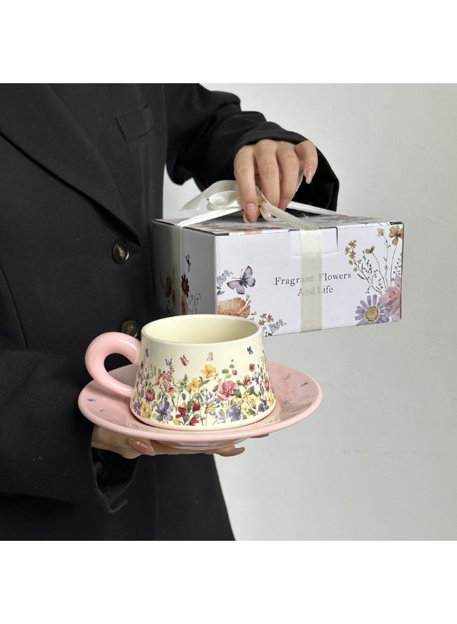 AceLuste Vintage Ceramic Coffee Cup and Saucer Gift Set, 300ml Large Capacity Coffee Cup Set with Gift Box, Saucer & Spoon, Elegant Floral Hand-Painted Design, Perfect for Coffee，Tea and Espresso Lovers, Best Gift for Family and Friends Any Occasions - Image 2