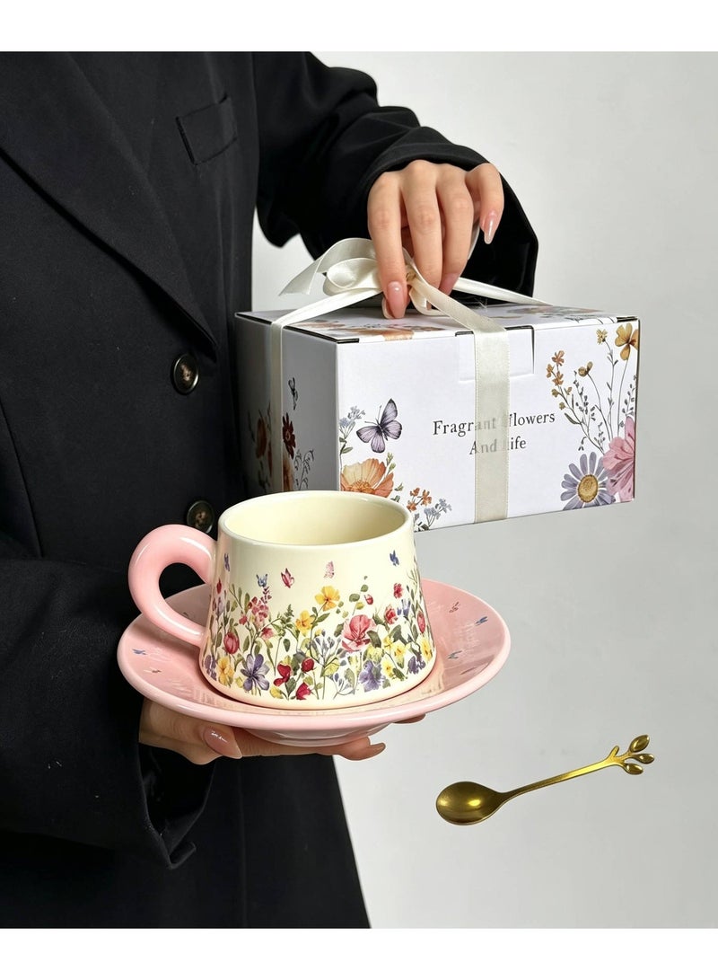 AceLuste Vintage Ceramic Coffee Cup and Saucer Gift Set, 300ml Large Capacity Coffee Cup Set with Gift Box, Saucer & Spoon, Elegant Floral Hand-Painted Design, Perfect for Coffee，Tea and Espresso Lovers, Best Gift for Family and Friends Any Occasions - Image 1
