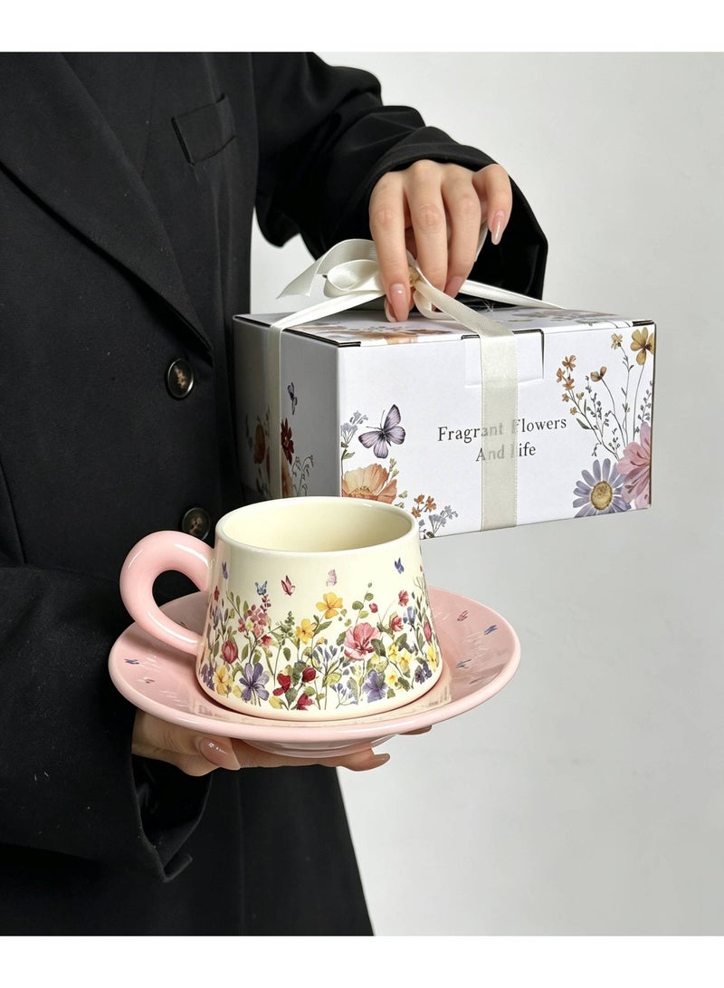 AceLuste Vintage Ceramic Coffee Cup and Saucer Gift Set, 300ml Large Capacity Coffee Cup Set with Gift Box, Saucer & Spoon, Elegant Floral Hand-Painted Design, Perfect for Coffee，Tea and Espresso Lovers, Best Gift for Family and Friends Any Occasions - Image 2