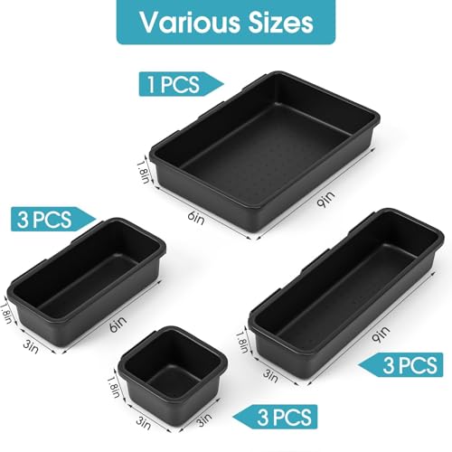 StoreHappily 10 PCS Drawer Organizer Set 4 Size Makeup Drawer Divider Organizer With NonSlip Pads Interlocking Plastic Storage Bins for OfficeJewelry VanityGadgets BathroomKitchen Black - Image 3