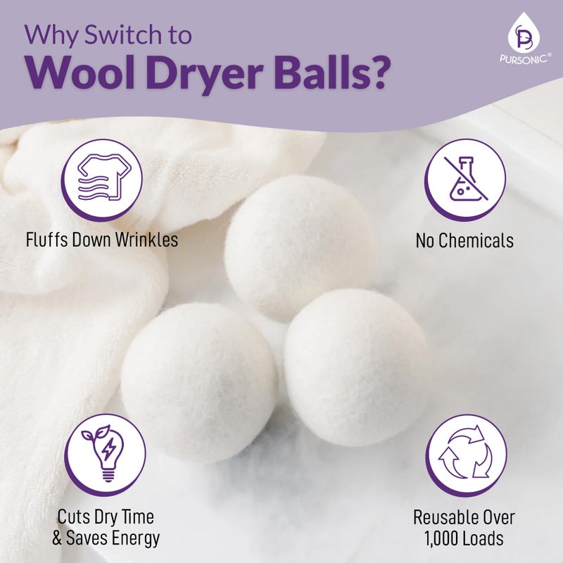 Pursonic 4-Pack Laundry Wool Dryer Balls with Lavender & Peppermint Essential Oil Scent - Reusable Fabric Softener Balls Made from Pure New Zealand Wool - 2.75" Diameter - Image 2