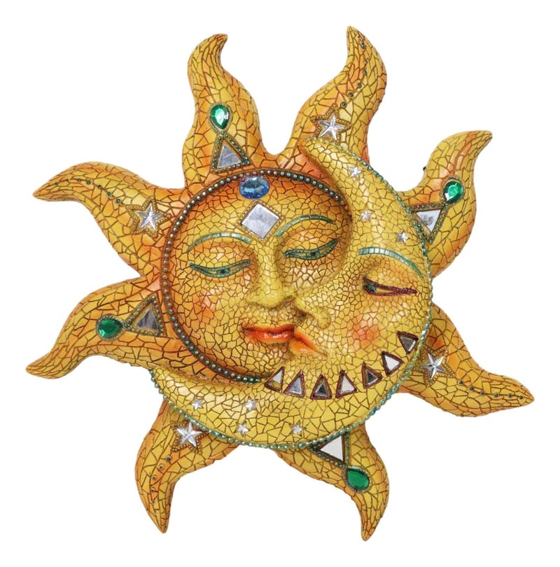 Ebros Gift Ebros Colorful Celestial Heavens Mosaic Sun and Moon Wall Decor Plaque 12"Tall Day Surrendering Unto Night Belenos God And Goddess Selene Hanging Wall Mount Sculpture - Image 1