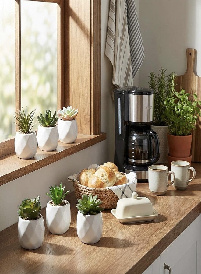 MyGift Mini Assorted Green Faux Succulent, Indoor Fake Plants in Geometric Ceramic Pots, Set of 6 - Image 2