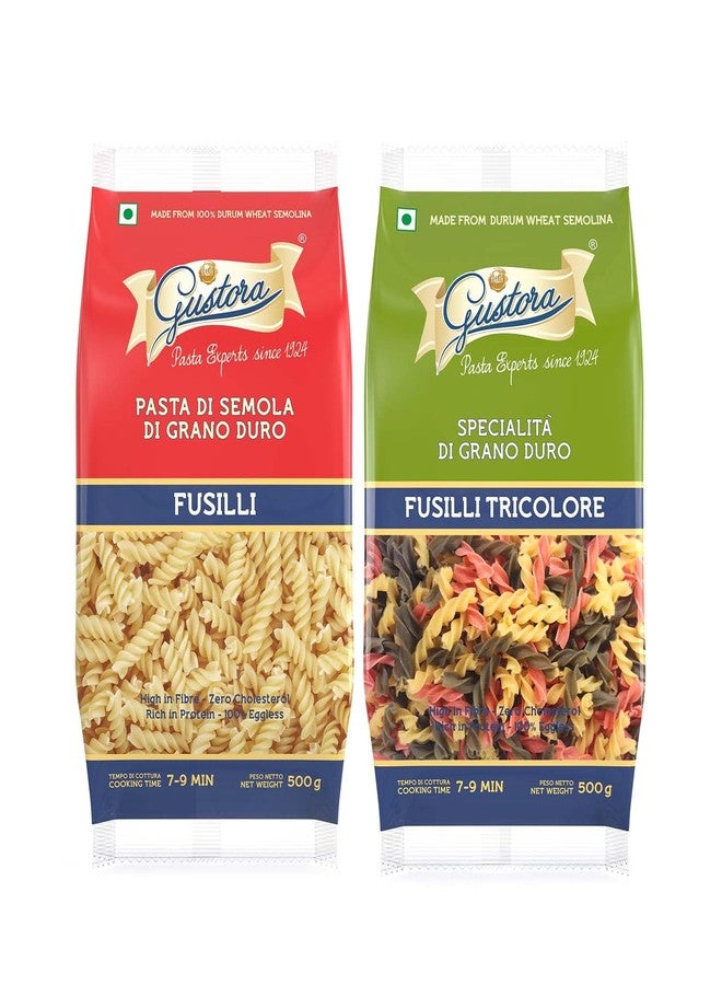 Gustora Healthy Fusilli & Fusilli Tricolore Pasta Combo Made Of Durum Wheat Semolina I Rich In Protein & Fibre I Zero Cholesterol I Vegetarian I No Trans - Fat I Cooking Time 10 Min - (500 Gm X 2) - Image 1