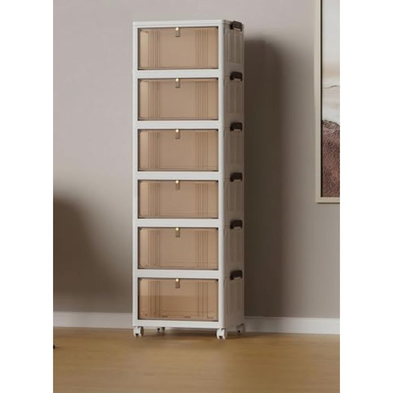 Plastic Storage Bins, 6-Tier Cabinet with Lids, Stackable Storage Containers with Magnetic Doors and Wheels, Foldable for Home Living Room Office Closet - Image 1